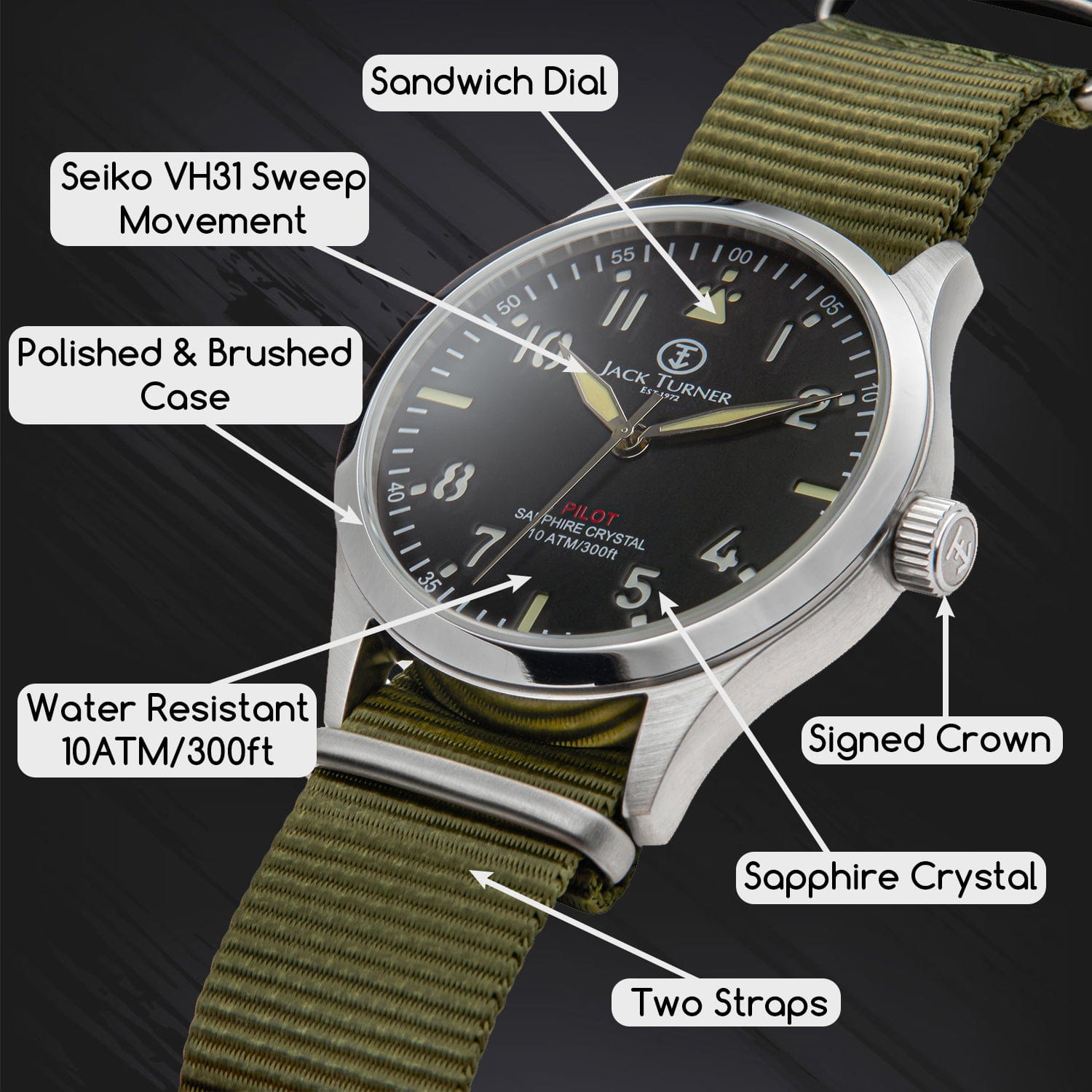 Light Gray “THE TRAVELER” Stainless Steel Pilot / Field Watch with Mechanical Quartz Movement for Men